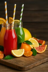 Poster - Two glasses filled with red juice, each containing straws, surrounded by slices of oranges and lemons on wooden board.
