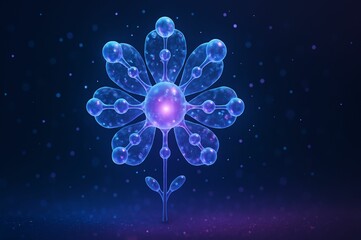 Aufkleber - digital artwork of flower-like structure composed of multiple spheres in shades of blue and purple against dark background, with additional smaller spheres floating around it.