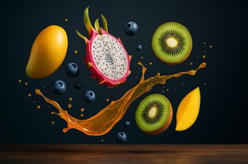 Aufkleber - Fruit juice splashing around various fruits such as kiwi, blueberry, orange, and pomegranate.