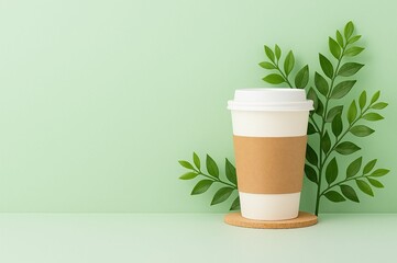 Poster - white coffee cup on coaster, surrounded by green leaves.
