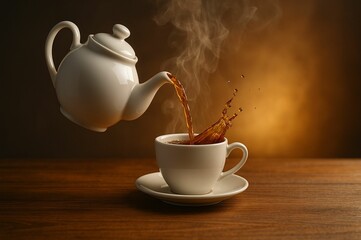 Poster - white teapot pouring steam into cup of teon wooden table.