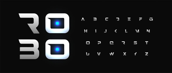 Poster - AI cyber font, robot techno alphabet, futuristic robotic display typeface, bold geometric letters for virtual interface branding, minimal digital style, modern tech typography. Vector typeset