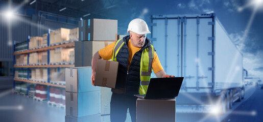 Poster - Man fulfillment specialist. Worker with boxes manages logistics. Truck driving on road near fulfillment manager. Man in uniform standing in warehouse. Fulfillment specialist uses laptop