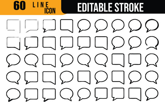 sixty editable stroke line icons of speech bubbles in square and circular shapes
