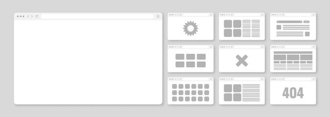 Fototapete - Web browser window, pages layout with toolbar and search field. Modern website, internet page in flat style. Browser mockup for computer, tablet and smartphone. Adaptive UI. Vector illustration