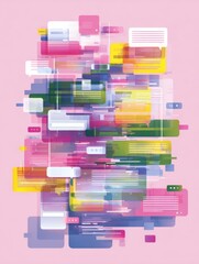 Aufkleber - Glitchy Chatbot Illustration With Colorful Speech Bubbles in a Vibrant Layout Depicting Communication Issues With a Soft Background