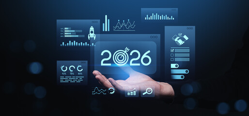 Poster - Business hand holding 2026 digital data interface with futuristic UI charts.