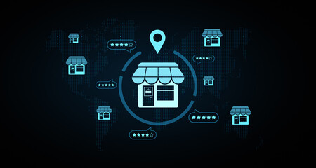 Poster - Franchise customer review and rating concept with storefront icons and location pin on digital world map background in futuristic style. 3D Rendering