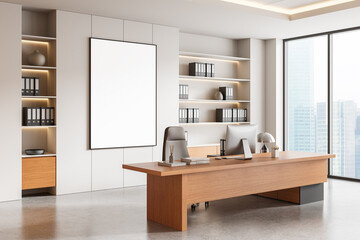 Poster - modern bright office interior with blank framed poster mockup on clean wall beside wooden desk and s