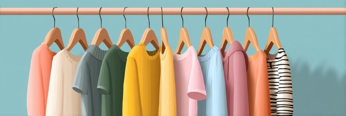 Poster - Clothing Rack Displays Neatly Hung Shirts in Various Colors Against a Soft Blue Background
