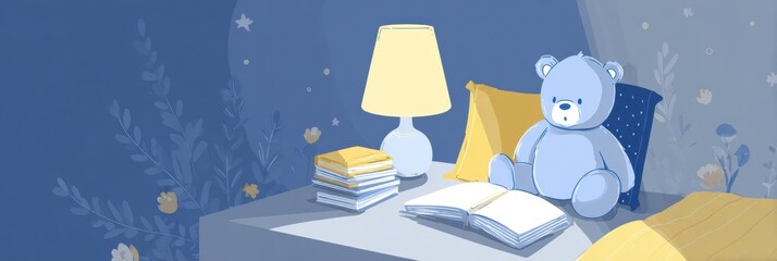 Poster - Bedtime Routine Illustration Featuring a Nightlight, Book, and Plush Toy in a Cozy Setting