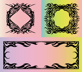Poster - Vector illustration with three cyber sigilism/neo tribal black motifs on pastel gradients. Features bold, futuristic lines and sharp details, echoing top Y2K and cyber-aesthetic trends.