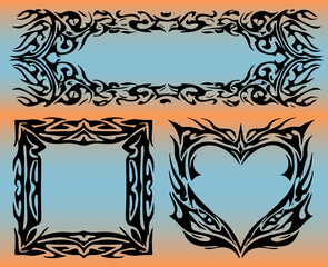 Fototapete - Vector illustration with bold cyber sigilism shapes: a rectangular frame, heart motif, and ornate border on pastel gradients. Features futuristic Y2K style, popular in current digital design.
