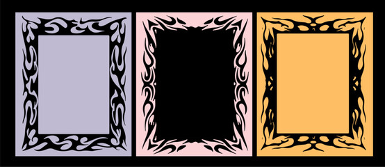 Aufkleber - Three rectangular vector frames with bold tribal tattoo edges on pastel backgrounds. The design reflects 2025’s popular Y2K tribal style, known for edgy, graphic lines and retro digital appeal.