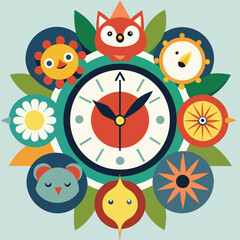 Poster - Colorful vector illustration featuring a circular clock design surrounded by playful animal faces and vibrant floral motifs