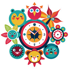 Poster - Colorful vector illustration featuring a circular clock design surrounded by playful animal faces and vibrant floral motifs
