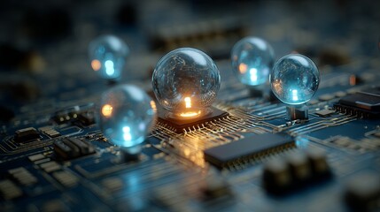 Poster - Abstract Futuristic Technology Background Digital Art Glass Bulbs Circuit Board Electronic Innovation Modern Technology Digital Illustration HighTech Design Network Connection     