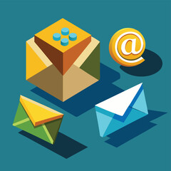 Aufkleber - Vector illustration of various email icons and symbols on a blue background showcasing communication and digital interaction elements