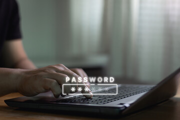 Aufkleber - Hand typing computer laptop to input password for technology security system and prevent hacker. cyber security identity theft cloud network system information privacy internet online protection.