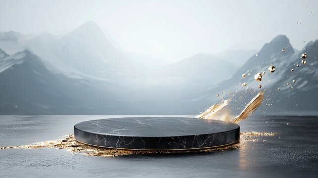 Luxury Black and Gold 3D Platform with Glossy Finish and Mountain Background