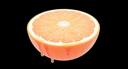 Poster - Half orange dripping juice on black background