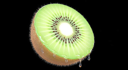 Poster - Juicy kiwi slice dripping with refreshing juice on black background