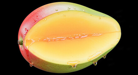 Poster - Juicy mango half dripping with sweet nectar on black background