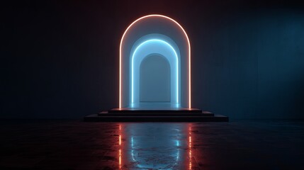 Poster - Abstract Neon Archway Modern Minimalist Digital Art Background Futuristic Blue Red Glowing Light Empty Stage Design Studio Backdrop Elegant Interior Architecture Virtual Reality   