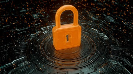 Aufkleber - Cybersecurity Digital Lock Orange Glowing Padlock Futuristic Technology Abstract Background Safe Secure Protection Data Privacy Network Digital Innovation Modern Design Concept    