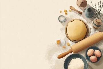 Poster - Baking Process With Dough, Rolling Pin, and Fresh Ingredients Arranged in a Faded Top Layout in a Cozy Kitchen Environment