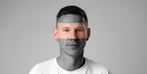 Poster - Artistic portrait of a man with abstract overlay in a minimalist setting during daylight
