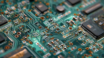 Poster - High Resolution Detailed Green Circuit Board Technology Background Image Digital Electronic Microchip Components Pattern Close Up View Modern Technology Innovation Abstract Texture