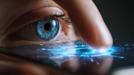 Aufkleber - Futuristic Blue Eye Biometric Scan Digital Technology Interface Closeup Modern Abstract Graphic Design Element High Resolution Image for Website Banner Futuristic Background data  