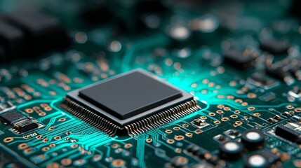 Poster - Closeup High Resolution Image of a Modern Microchip Circuit Board Teal Green Technology Digital Electronic Hardware Computer Processor Integrated Circuit Detailed Background Data  