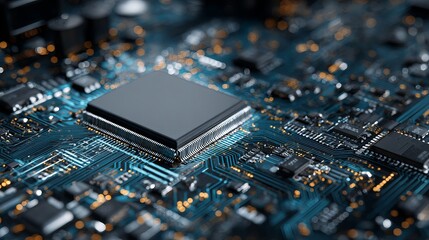 Poster - High Tech Circuit Board Digital Microchip Technology Modern Electronic Hardware Detailed Closeup Professional  Engineering Innovation Futuristic Design Abstract Background Image   