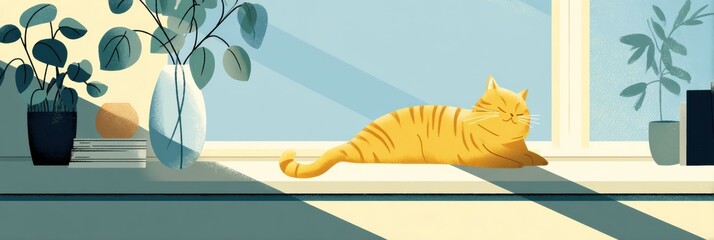 Aufkleber - Cat Lounges in a Sunbeam on a Windowsill Surrounded by Houseplants During a Peaceful Afternoon