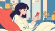 © 963k - 80年代風ポップカラーで描かれた、スマホを片手にくつろぐ女性の現代的ライフスタイルを切り取ったイラスト