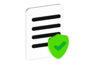 Poster - Simple 3D illustration of a document icon with a shield and a green check mark. Security concept