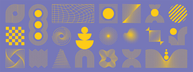 Aufkleber - Abstract minimal element mid century vector set. Aesthetic contemporary stripe line art, geometric shape in yellow and purple. Art form design for wall art, decoration, wallpaper.