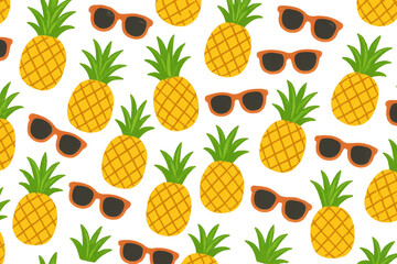 Poster - Tropical pattern showing pineapples wearing sunglasses, radiating cheerful summer mood against transparent backdrop