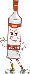 Poster - Vodka alcohol drink bottle groovy drunk character. Cocktail drink or spirit beverage ingredient funny hippie vector personage. Vodka bottle cute cartoon character or isolated funky groovy mascot