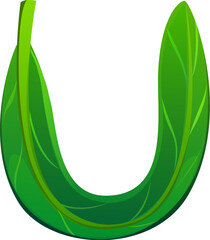 Fototapete - Fresh green leaf font letter U. Environment plant English alphabet typeface letter, tree foliage cartoon isolated vector typeset sign. Nature green leaf latin type element or kids ABC font symbol