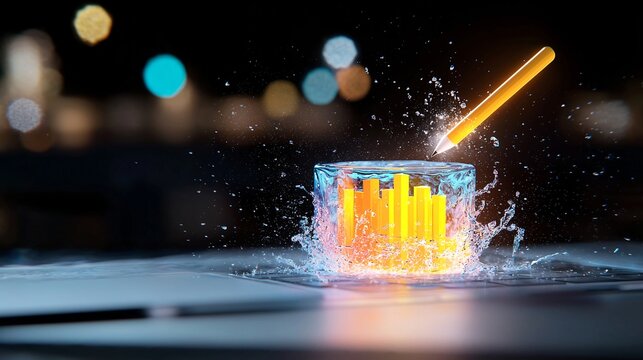 Stylus Manipulating Glowing Orange Hologram in Water Splash