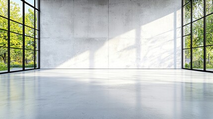 Poster - Sunlit Modern Room with Concrete Walls and Floor, Large Windows Showcasing Green Trees