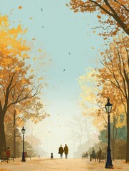 Aufkleber - Autumn Walk in a Serene Park With Vibrant Falling Leaves and a Couple Enjoying a Quiet Moment Together Under a Clear Blue Sky