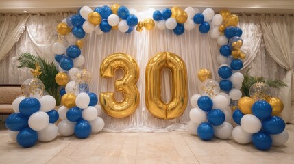 Poster - Golden 30 Balloon Decoration Featuring Blue and White Balloons Creating a Festive Atmosphere for a 30th Birthday Celebration