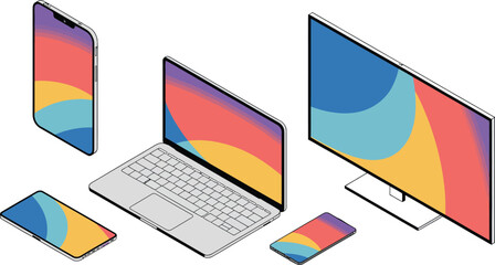 Aufkleber - Isometric view of laptop, smartphone, and television with colorful screen on a light background