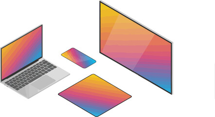 Aufkleber - Isometric view of laptop tablet smartphone and tv with colorful gradient screens on white background
