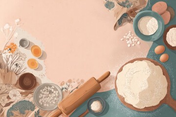 Poster - Baking Ingredients and Tools Arranged for Making Dough in a Cozy Kitchen Environment