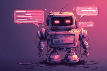 Poster - Glitching Chatbot Illustration With Speech Bubbles Showing Error Messages in a Vivid Layout